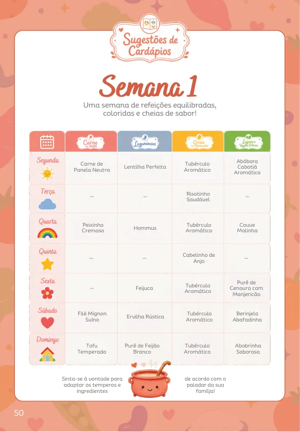 Exemplo real da primeira semana de sugestões de cardápio do ebook