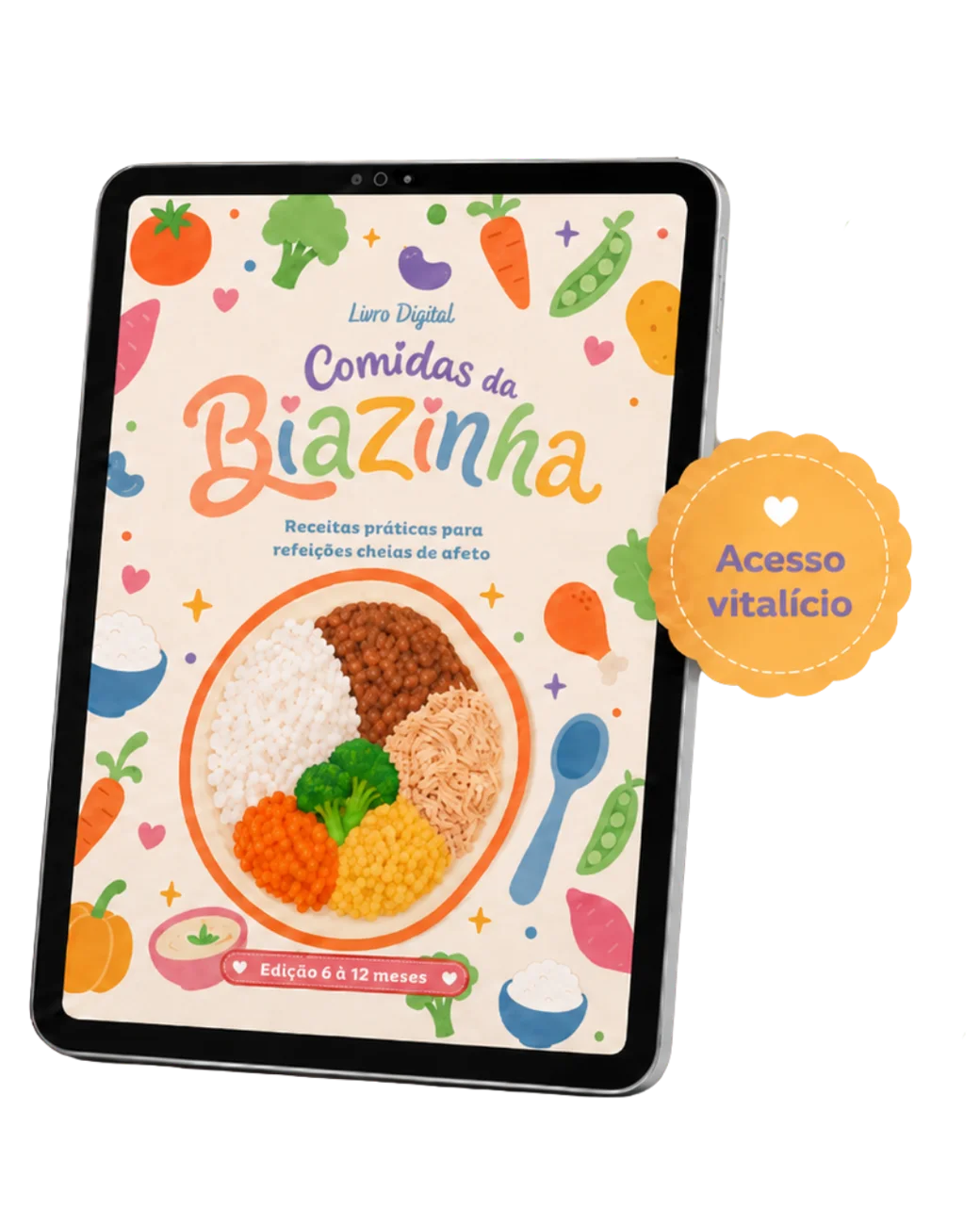 Livro digital Comidas da Biazinha apresentado em um tablet, com a capa ilustrada